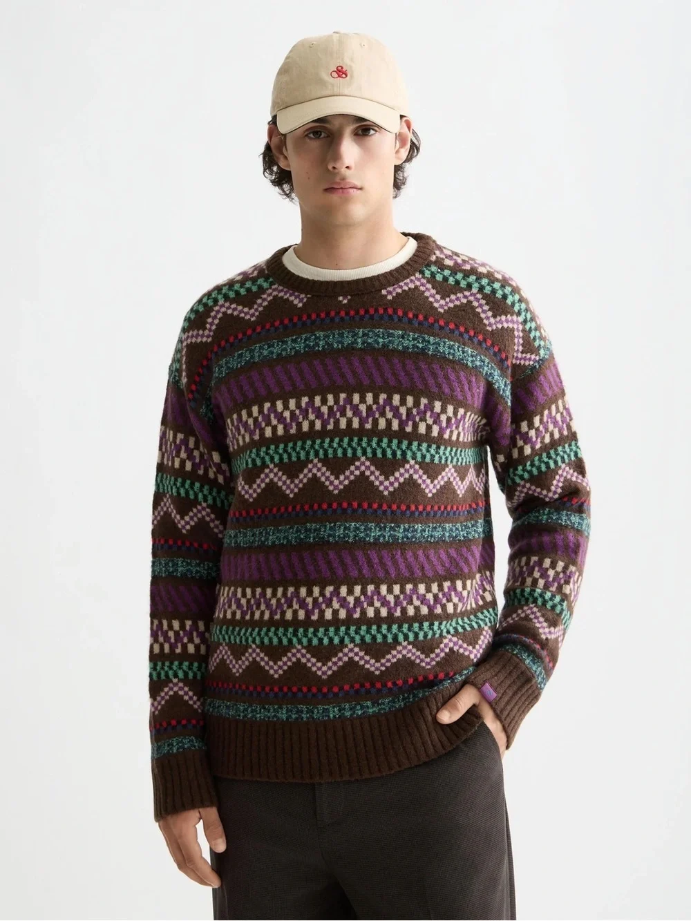 Scotch & Soda Fair Isle Jacquard Crewneck Sweater Brown Multi Mohair Blend L NWT